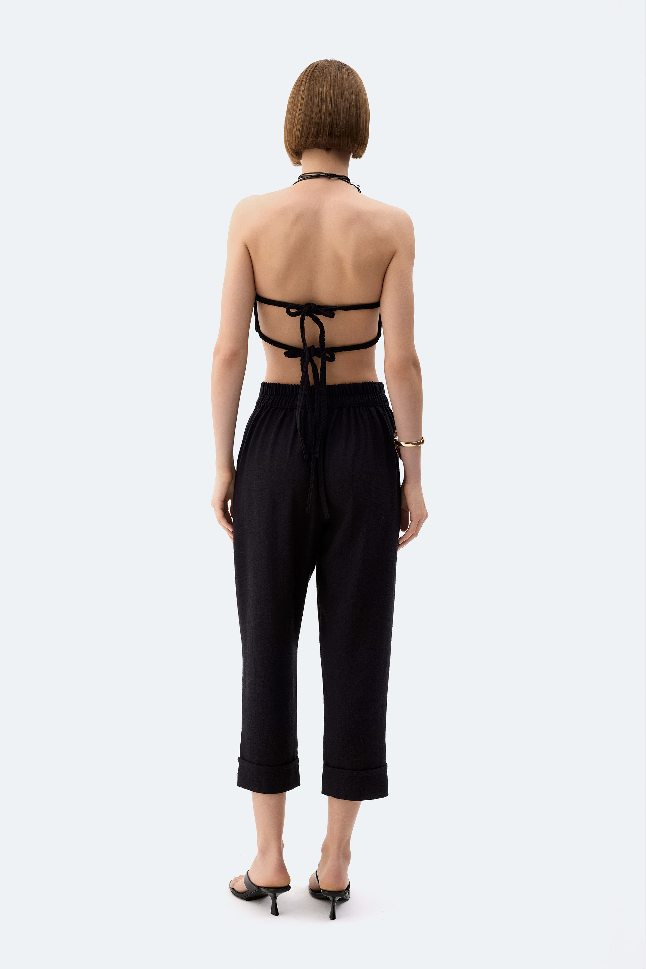 Siyah Keten Pilili Pantolon