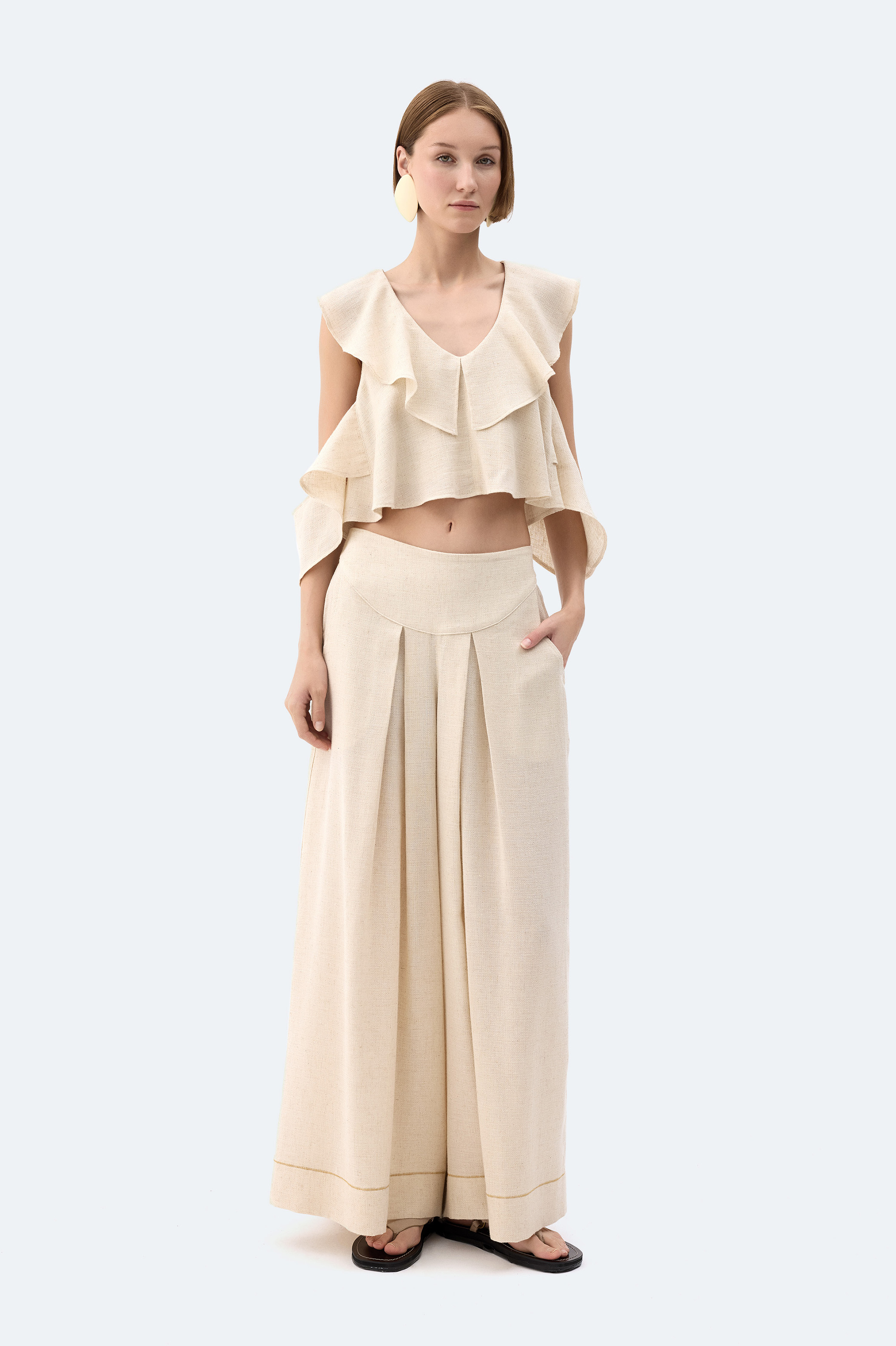 Natürel Keten Fırfırlı Bluz