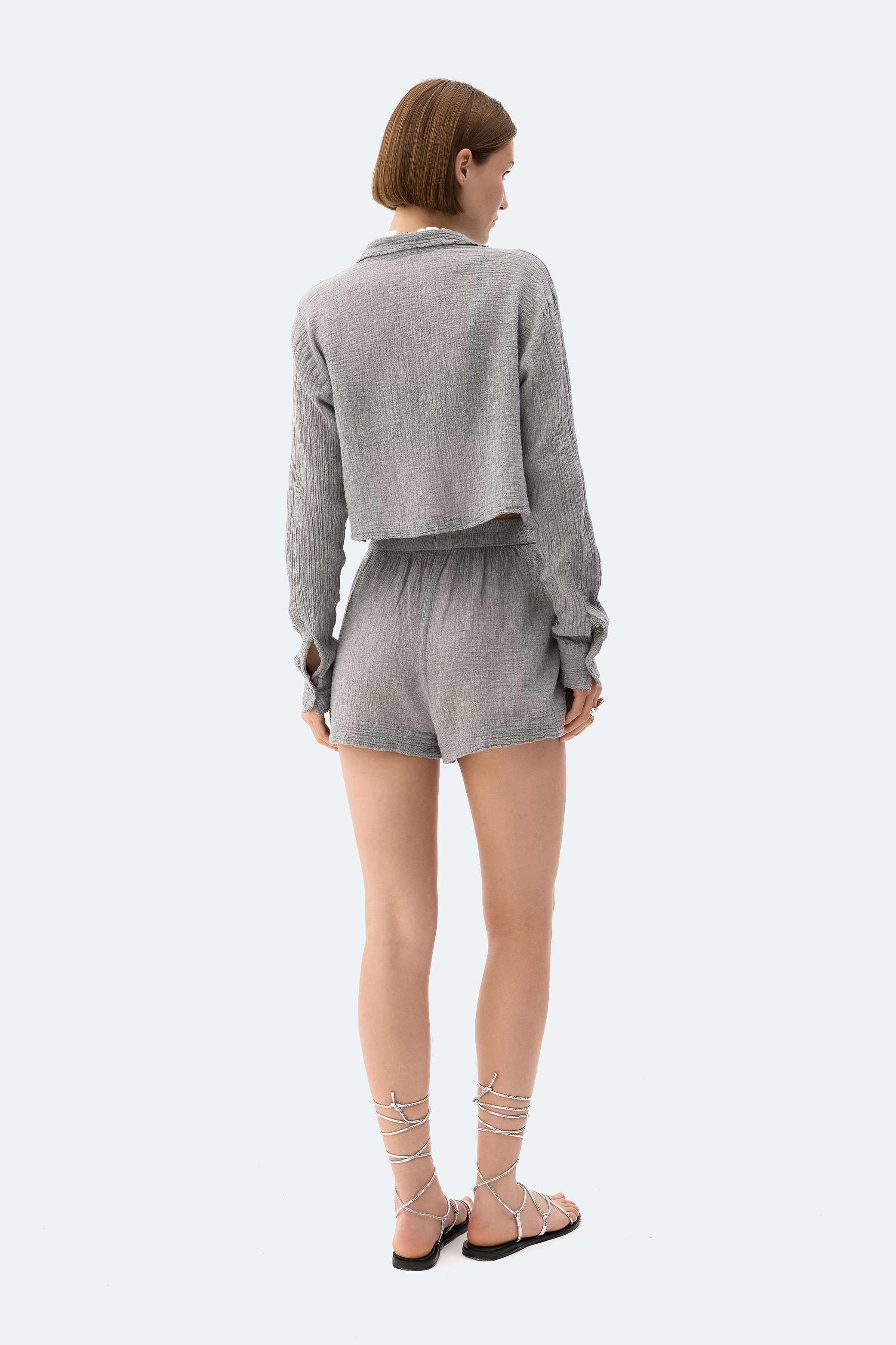 Gri Crinkle Crop Gömlek